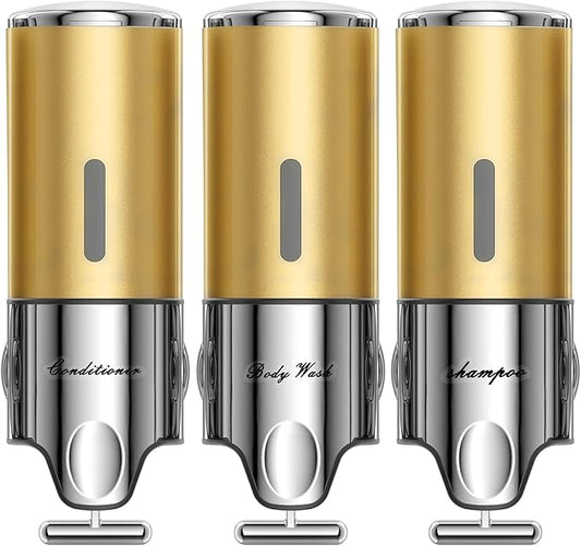 Shampoo and Conditioner Dispenser,Dispensers for The Shower,Shower Soap Dispenser 3 Chamber No Drill,Shampoo Conditioner Body Wash Dispenser Wall Mount for Bathroom(Triple x 17.6 oz,Golden)