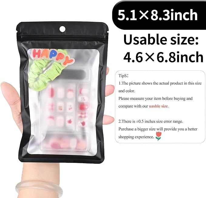 100 Pack Resealable Plastic Bags for Food Storage, Zipper Bags with Clear Front Window, Packaging Pouch for Small Business (Black, 5.1x8.3 inch)