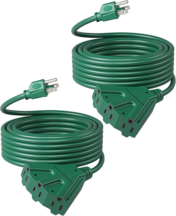 DEWENWILS 25 FT Green Outdoor Tri-Tap Extension Cord Splitter,Halloween Weatherproof 16/3 SJTW Power Cable for Outdoor String Light, Holiday Decoration and Landscaping Lights, ETL Listed, Pack of 2