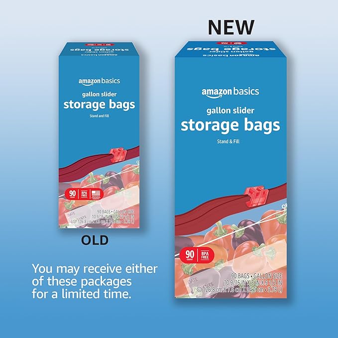 Amazon Basics Slider Gallon Food Storage Bags, Stand & Fill, 90 Count (Pack of 2)