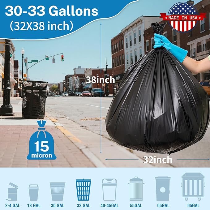 Trash Bags 30-33 Gallon, Black - Medium Duty 250 Count Bulk Pack | 32" x 38" | Durable & Tear-Resistant Garbage Bags for Home, Commercial, Construction & Outdoor Use | Made in USA
