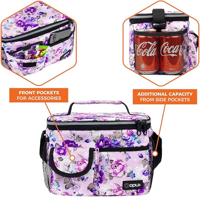 opux Insulated Lunch Bag for Men Women, Leakproof Floral Purple Lunch Box for Work, Portable Soft Lunch Cooler Bag with Shoulder Strap, Adult Lunchbox Lunch Pail for Kid Boy Girl School, 14 Can/8L
