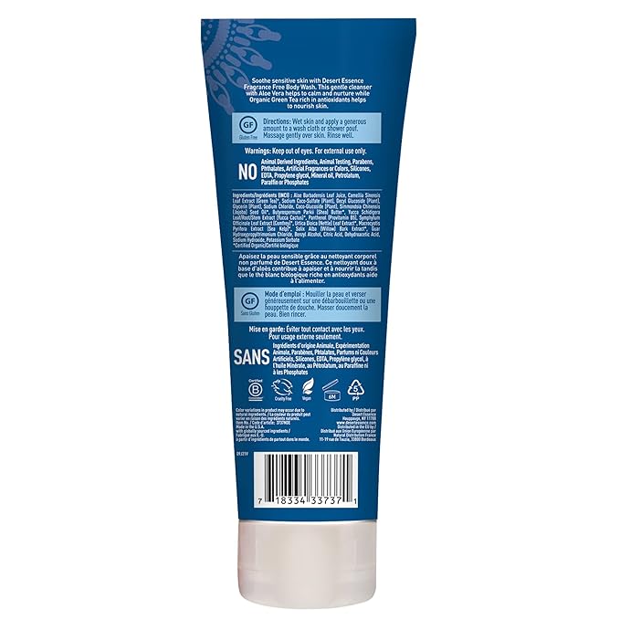 Desert Essence Fragrance Free Body Wash Sensitive Skin-Friendly Plant-Based Cleanser with Organic Aloe, Green Tea & Jojoba Oil - Nourishing Antioxidants - Vegan, Gluten-Free, Cruelty-Free - 8oz
