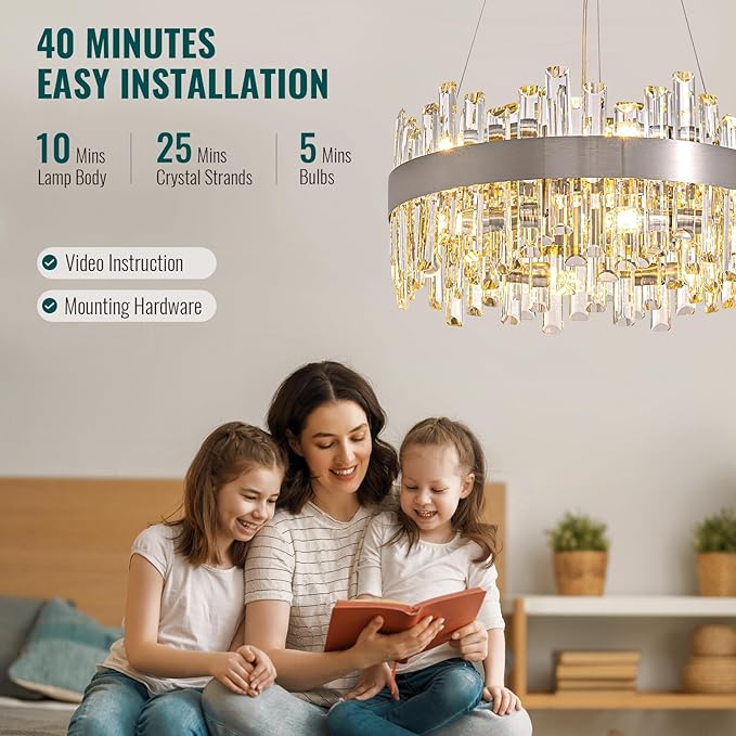 Siljoy Modern Crystal Chandelier, 12-Lights Contemporary 2-Tiers K9 Crystal Raindrop Chandelier Flush Mount Crystal Pendant Ceiling Light Fixture for Dining Living Room Kitchen Island D19.7''