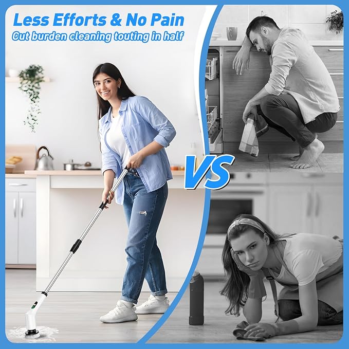 IPX7 Waterproof Electric Spin Scrubber, Power Cleaner with 9 Brush Heads, LED Battery Display, 2 Speeds Adjustable Long Handle for Kitchen Bathroom, Shower, Tile & Car Cleaning (A-White)