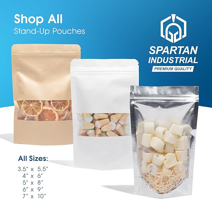Spartan Industrial - 3.5" X 5.5" Aluminum Stand-Up Pouches - Pack of 100 Resealable Smell-Proof Bags for Food, Wax Melts, Lip Gloss Packaging, and More