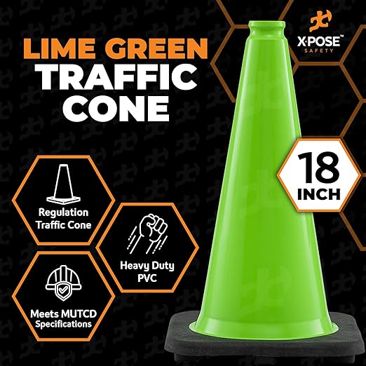 Xpose Safety 18” Lime Green Traffic Cone - 1 Pack - Premium PVC Safety Cone for Parking, Caution, Construction, Road Crews, Emergency Vehicle - DOT Approved