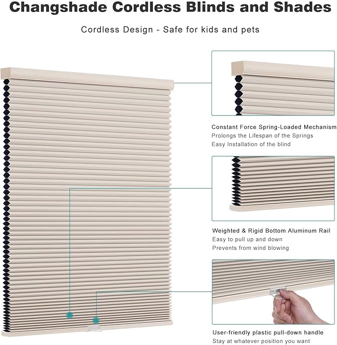 Changshade Cordless Cellular Shades, Blackout Honeycomb Shades for Windows, Pull Down Pleated Blinds, Easy to Install for Indoor Windows and French Doors,68" W x 72" H, Beige