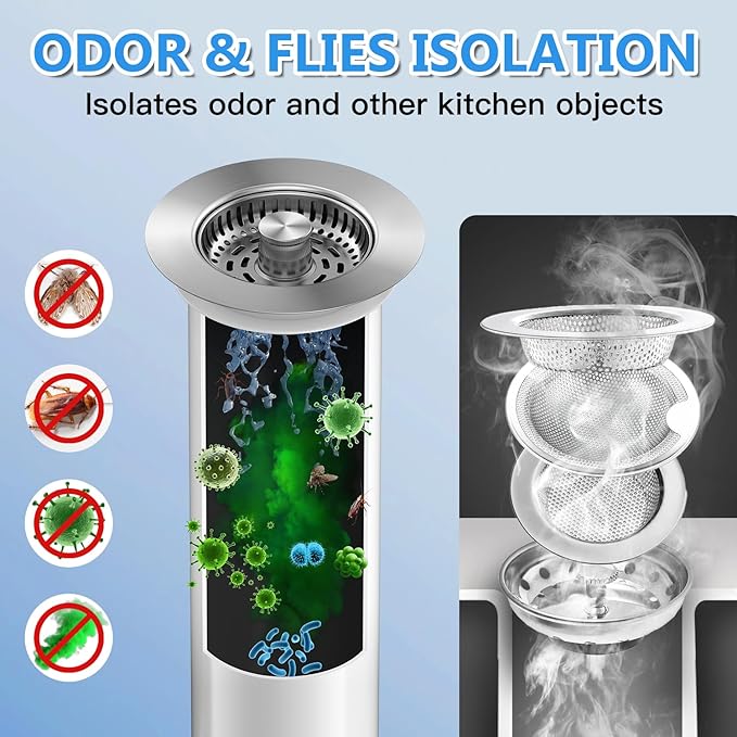 3-in-1 Stainless Steel Kitchen Gadget, JOMST Kitchen Sink Drain Strainer – Fast Drain, Water-Saving Stopper & Odor Blocker, 10,000 Pop-Up Tested, Fits Standard 3½″ Sink Drains