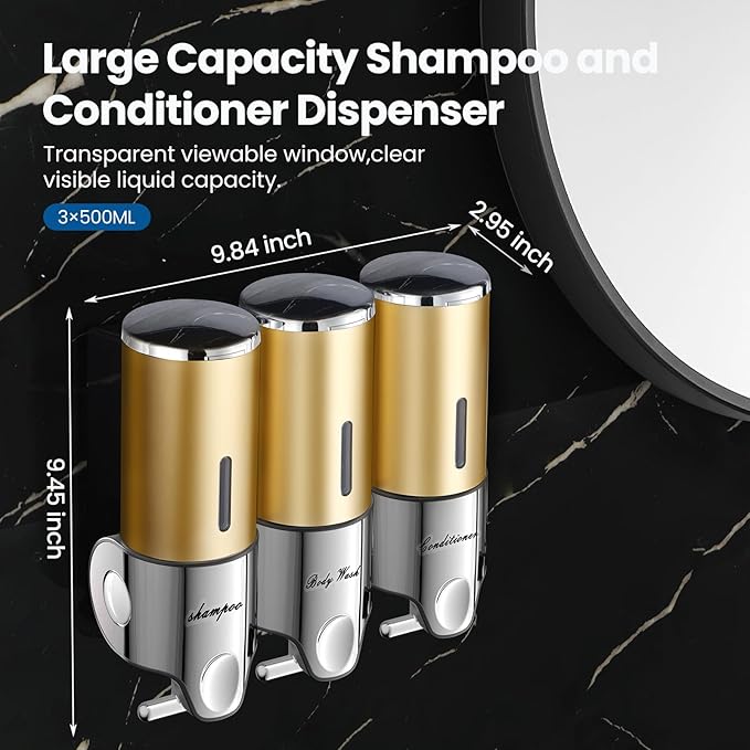 Shampoo and Conditioner Dispenser,Dispensers for The Shower,Shower Soap Dispenser 3 Chamber No Drill,Shampoo Conditioner Body Wash Dispenser Wall Mount for Bathroom(Triple x 17.6 oz,Golden)