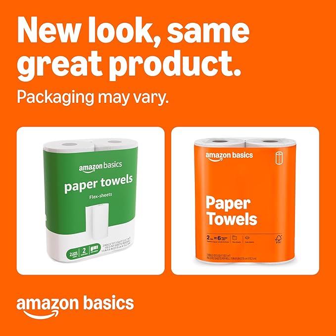 Amazon Basics 2-Ply Flex-Sheets Paper Towels, 6 Basics Rolls = 20 Regular Rolls, Everyday Value with 150 Sheets per Roll, Packaging May Vary