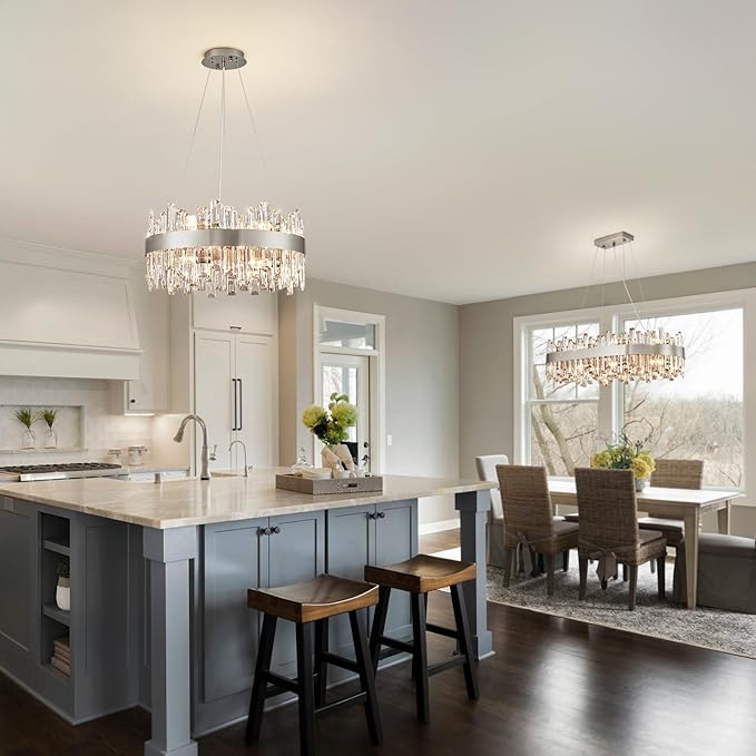 Siljoy Modern Crystal Chandelier, 12-Lights Contemporary 2-Tiers K9 Crystal Raindrop Chandelier Flush Mount Crystal Pendant Ceiling Light Fixture for Dining Living Room Kitchen Island D19.7''