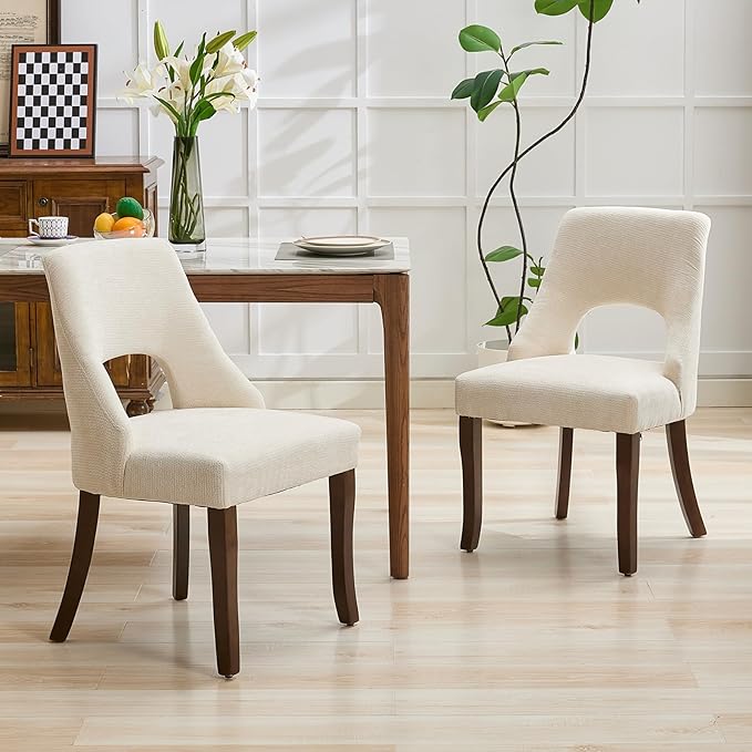 UVV Wooden Dining Chairs Set of 2, Mid Century Modern Fabric Upholstered Dining Room Chair Kitchen Chairs, Farmhouse Dinner Chair with Solid Wood Legs for Kitchen Dining Room, Beige