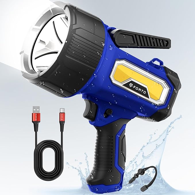 FORTO Rechargeable Spotlight Flashlight, 200000 Lumens Handheld Spotlight with Foldable Stand, 6 Modes IPX7 Waterproof LED Spot Lights for Boating Hunting Camping Hiking (Blue)