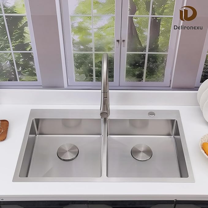 33 Inch Double Bowl Kitchen Sinks Drop In – Delironexu 16 Gauge Stainless Steel Kitchen Sink Double Bowl, 33x19 Drop In Double kitchen sink with Brushed Finish, 6 Inch Deep 50/50 Overmount Sink