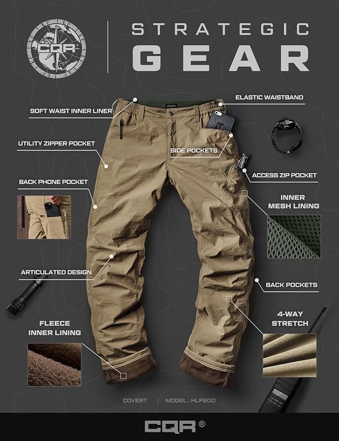 CQR Men's Winter Fleece Lined Pants, Water-Resistant Outdoor Stretch Work Pants, Windproof Casual Pants with Pockets