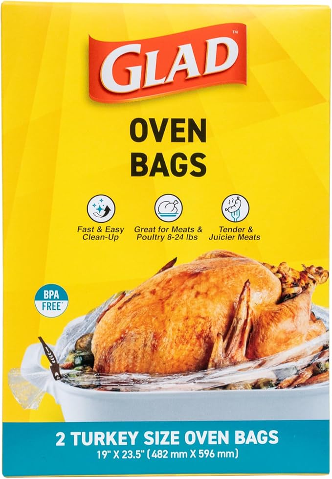 Glad Turkey Size Oven Bags for Meats & Poultry 8-24 lbs – BPA-Free* for Tender, Juicy Roasts with Fast & Easy Clean-Up, Turkey Cooking Bags, Roasting Bags, 19" x 23.5" - 2 Count