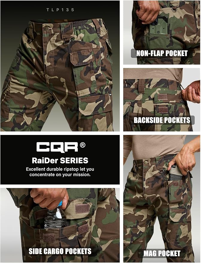 CQR Men's Tactical Pants, Water Resistant Ripstop Cargo Pants, Lightweight EDC Work Hiking Pants, Outdoor Apparel