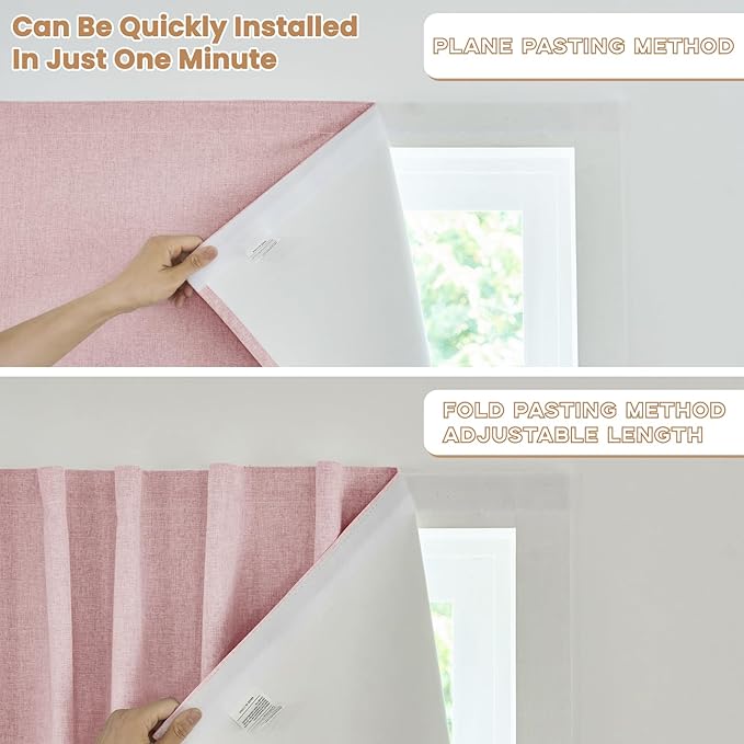 JILROIN Self Adhesive Curtains,100% Blackout Window Cover,No Drilling,Easy to Install,Provides Privacy Protection for Bedrooms (Light Pink - W35 × L80 in)