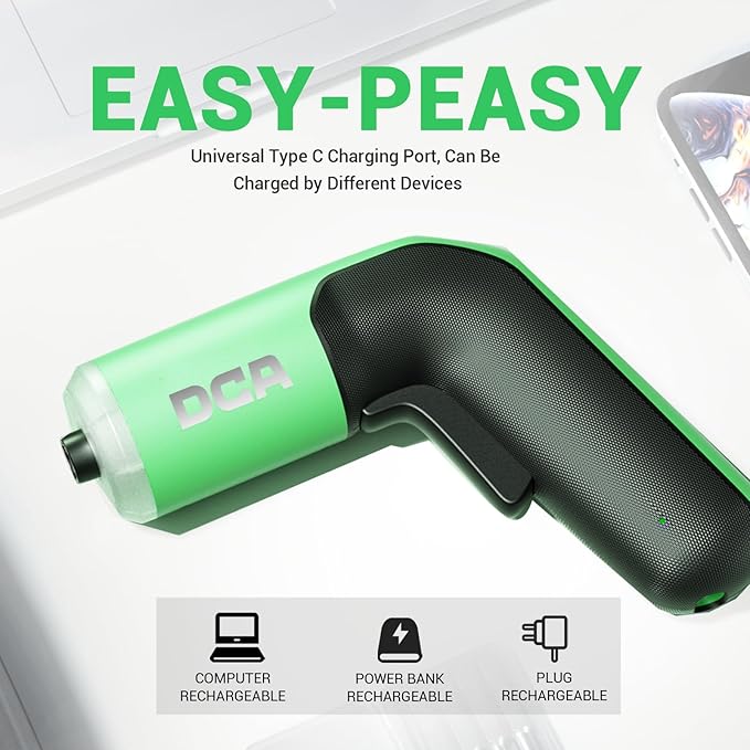 DCA 4V Electric Screwdriver Set, 5 N.m with 2000 mAh Li-ion Battery, 1/4" Magnetic Hex Chuck, USB-C Charging Cable, 18 Driver Bits for Furniture Repairs, Green