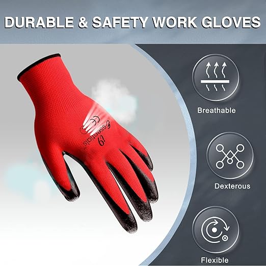 I9 Essentials Work Gloves 12 Pairs – Red Seamless Knit Gloves with Nitrile Coated Palm & Fingers, Breathable Safety Grip for Men & Women, General Duty, Construction, Warehouse (Large)