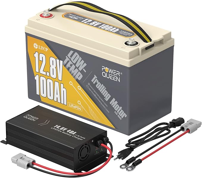 Power Queen 12.8V 100Ah Low-Temp LiFePO4 Battery with 12V40A, Low Temperature Protection, Built-in 100A BMS, Grade A Battery Cell, Up to 15000+ Cycles, Perfect for Trolling Motor, Marine, RV