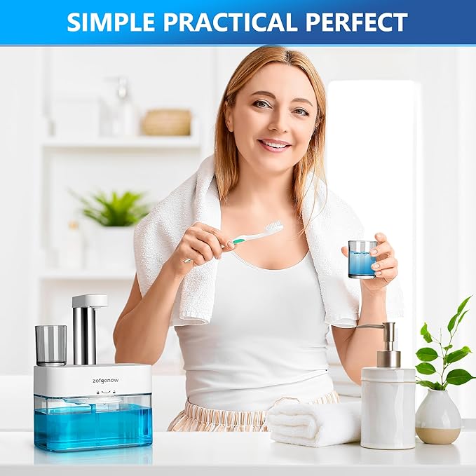 Upgraded Automatic Mouthwash Dispenser for Bathroom,Bathroom Accessories 17.6 FlOz Dispensers with Magnetic Cups,Adjustable Dispensing Levels, Suitable for All Age Groups,White