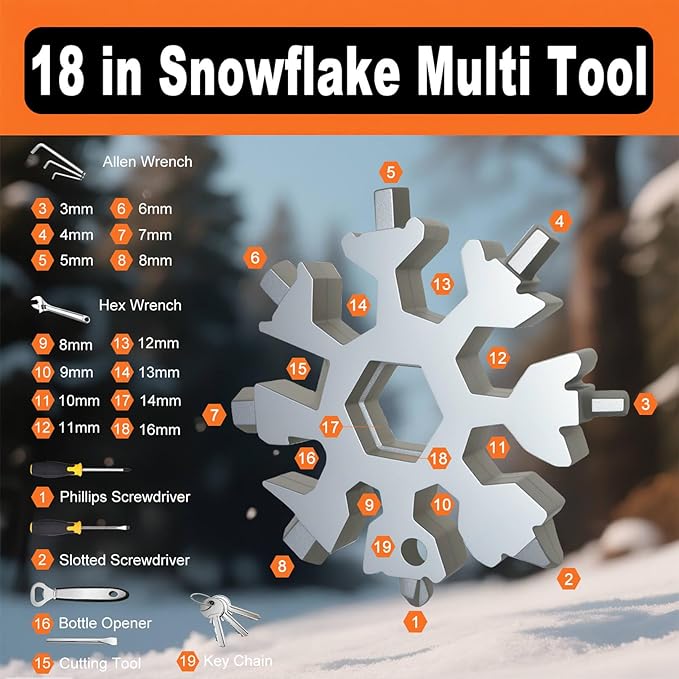 Snowflake Multi Tool 2 Pack - Stainless Steel 18 in 1 Multitool with Carabiner,Bottle Opener & Wrench,Stocking Stuffers for Men,White Elephant Gifts, Christmas Gifts for Him (Silver + Black)