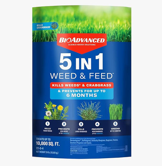 BioAdvanced 5 in 1 Weed and Feed Lawn Fertilizer, Granules, 24 lb