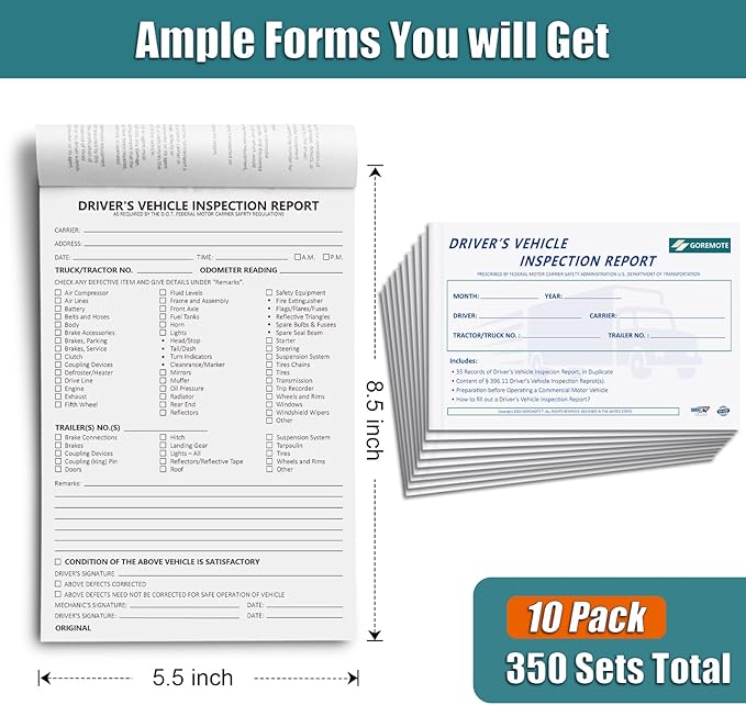 Detailed Driver's Vehicle Inspection Report, 10 Pack, Pre Trip Inspection Book for Trucker, 2-Ply Carbonless, 35 Sets of Forms per DVIR Log Book for Truck Drivers, 8.5" x 5.5"