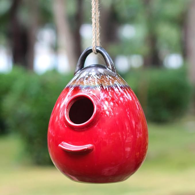 Kimdio Birdhouse Ceramic Hanging Birdhouses Bird Hut Hanging Outdoor Birdhouse for Wild Birds, Finch, Cardinal, and Bluebird - Red
