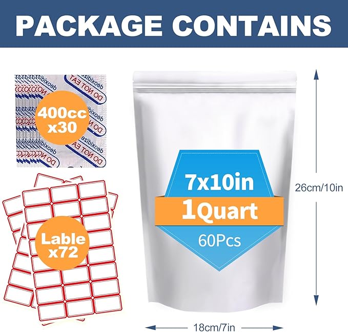 60PCS 1Quart 7"X10" Mylar Bags for Food Storage with Oxygen Absorbers&Lables,10 Mil Thick Resealable Stand-Up Zipper&Heat Sealable Bags for Long Term Food Storage,Dried Food