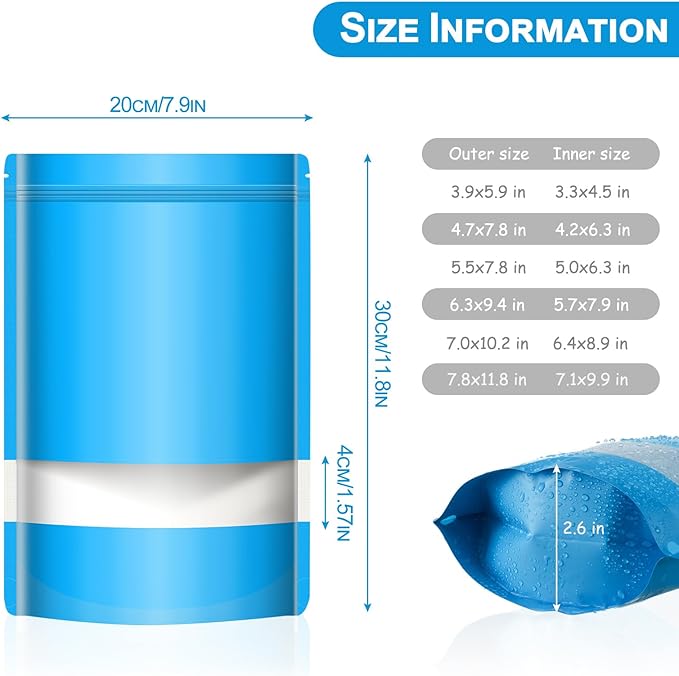 100 Pack Smell Mylar Proof Bags for Food Storage, Resealable Packaging Bags for Small Business, Stand Up Foil Pouches Reusable Heat Sealable Bags with Clear Window (Blue, 7.8x11.8 In)