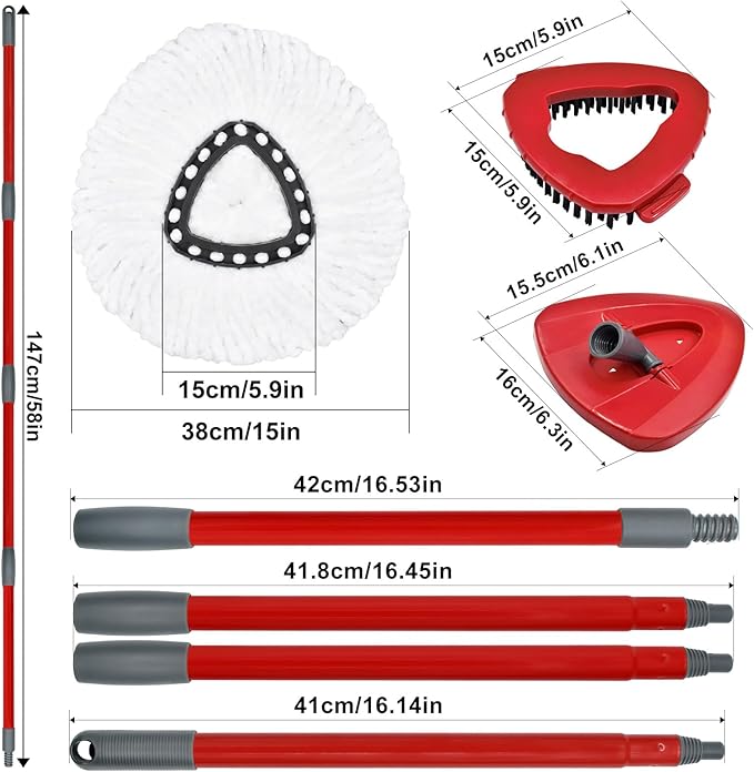 Spin Mop Replace Head, Base, Replacement Handle for OCedar EasyWring 1 Tank System 2 Microfiber Refills, 4-Section Sturdy Iron 30-58in Handle, Mop Head Base and Scrubber