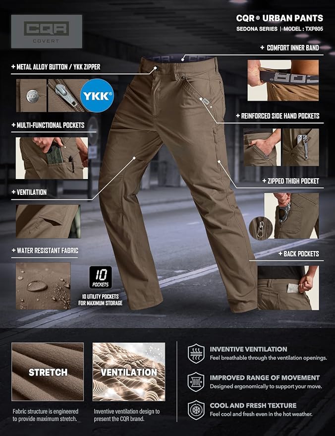 CQR Men's Vent Stretch Pants, Quick Dry Lightweight Casual Cargo Pants, Water Resistant Straight-Fit Utility Work Pants