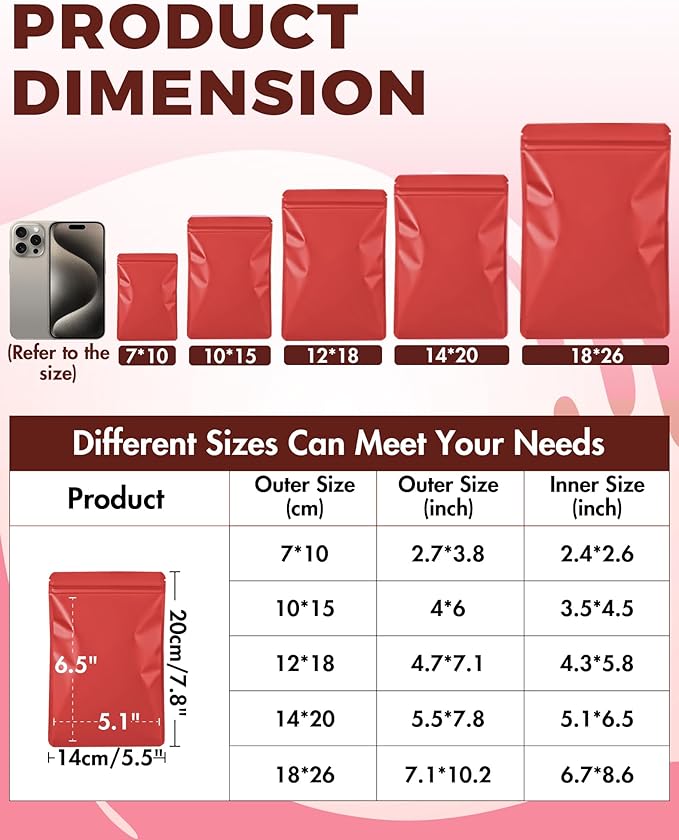 FireKylin 100 Pack Resealable Packaging Bags for Small Business Double-Sided Color Smell Proof Bags for Food Storage Flat Bags (Red, 5.5" x 7.8")