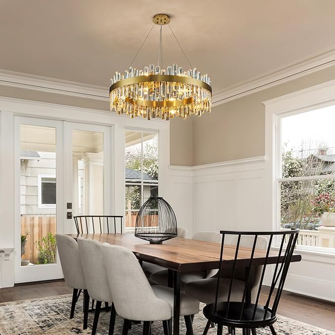 Siljoy Modern Crystal Chandelier 16 Lights Brushed Gold 2-Tiers K9 Crystal Raindrop Chandelier Luxury Dimmable Crystal Pendant Ceiling Light for Living Room Dining Room Entryway Foyer D31.5''