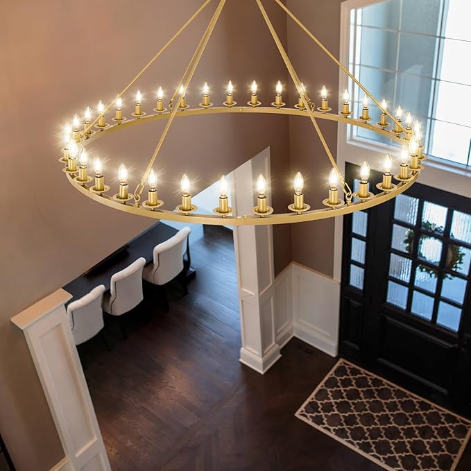 Wagon Wheel Chandeliers, 36-Light Gold Extra Large Modern Rustic Farmhouse Chandelier Adjustable Height Light for High Ceiling Living Room, Entryways, Foyer, Dining Room, Kitchen
