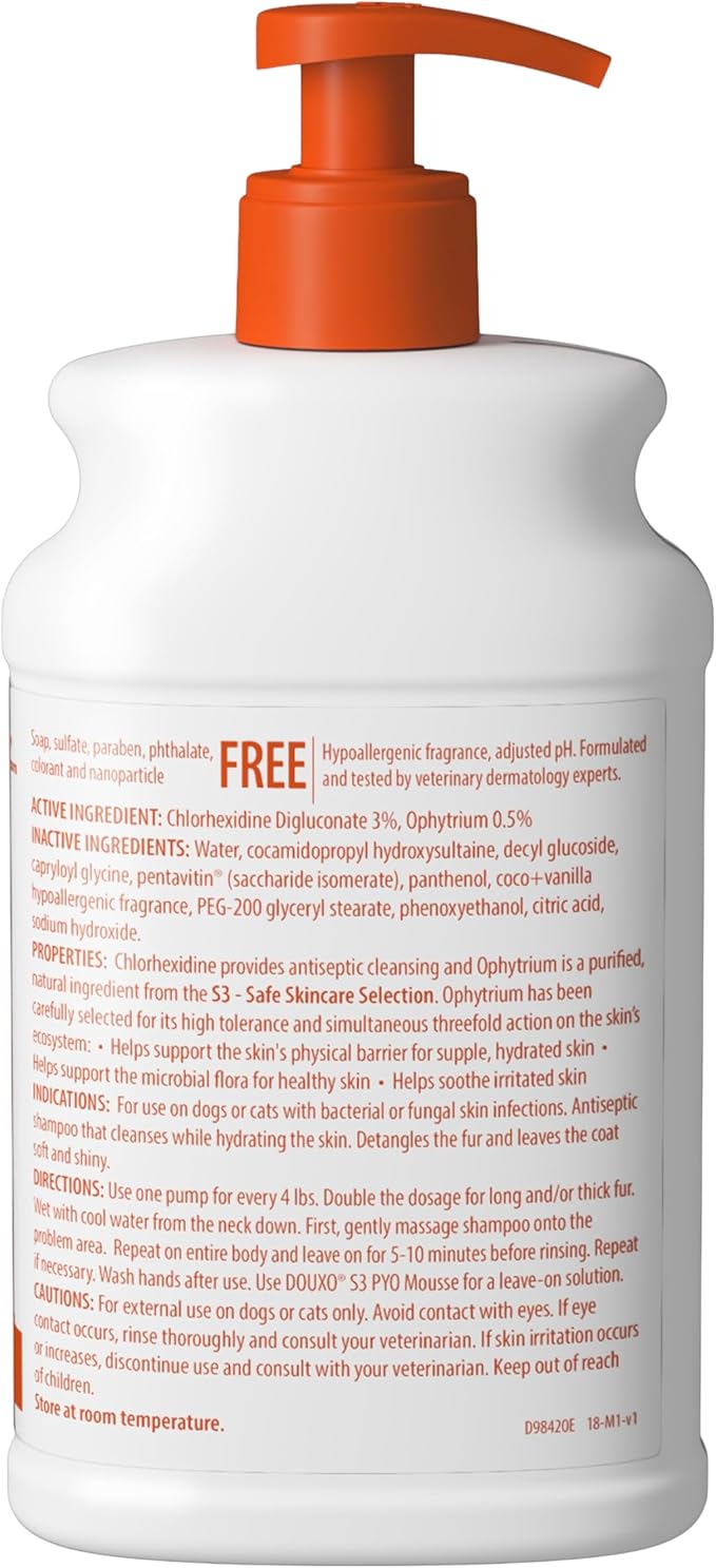 Douxo S3 Pyo Shampoo, Contains 3% Chlorhexidine & 0.5% Ophytrium, Antiseptic & Hydrating, For Bacterial or Yeast Skin Infections, For Dogs and Cats, 16.9 fl. oz. (500mL)