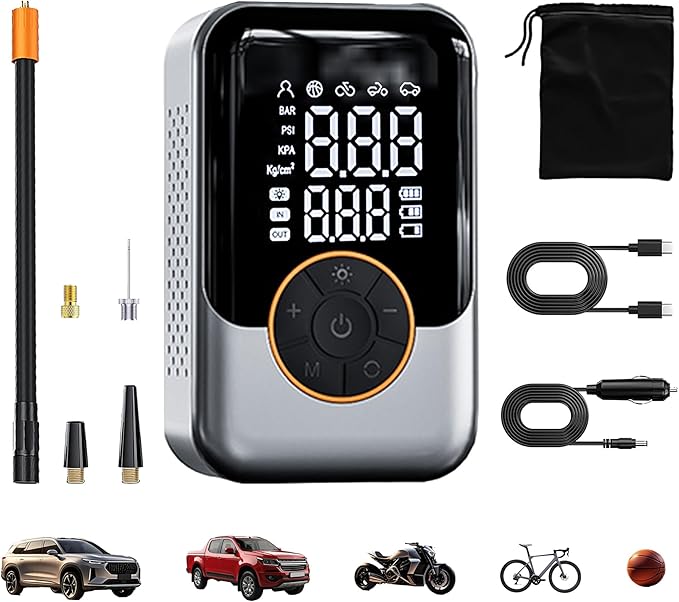 Portable Tire Inflator, Handheld with LCD Display & Auto Shut-off, Built-in Flashlight, Dual Power Modes, for Car/Bike/Motorcycle/Inflatables