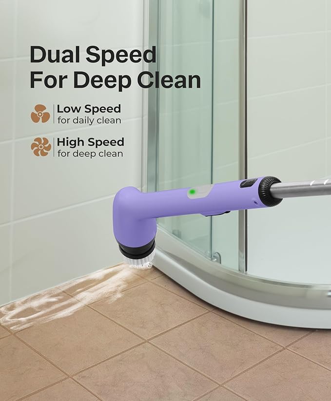 LyriFine Electric Spin Scrubber, New Full-Body IPX7 Waterproof Bathroom Cleaner Brush, Shower Scrubber with Long Handle & 2 Speed, Heads Replacement, Cleaning Supplies for Tub Shower Tile Floor