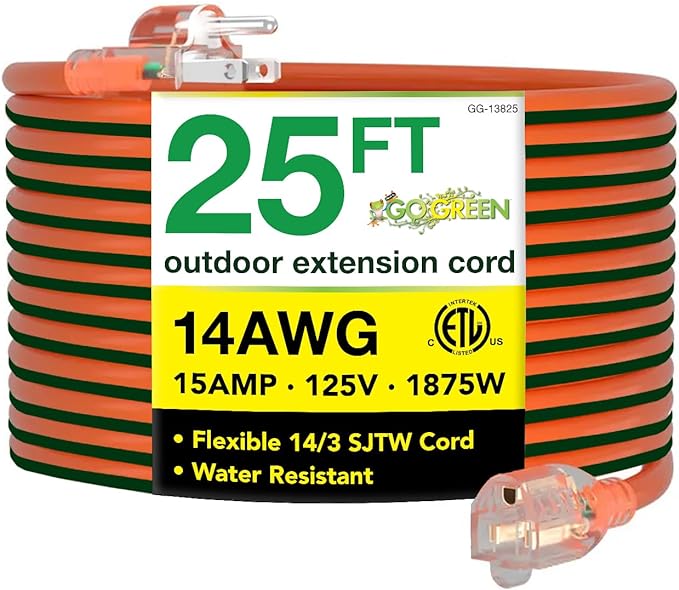 Go Green Power Inc. (GG-13825) 14/3 SJTW Outdoor Extension Cord, Lighted Extension Cord, 25 ft