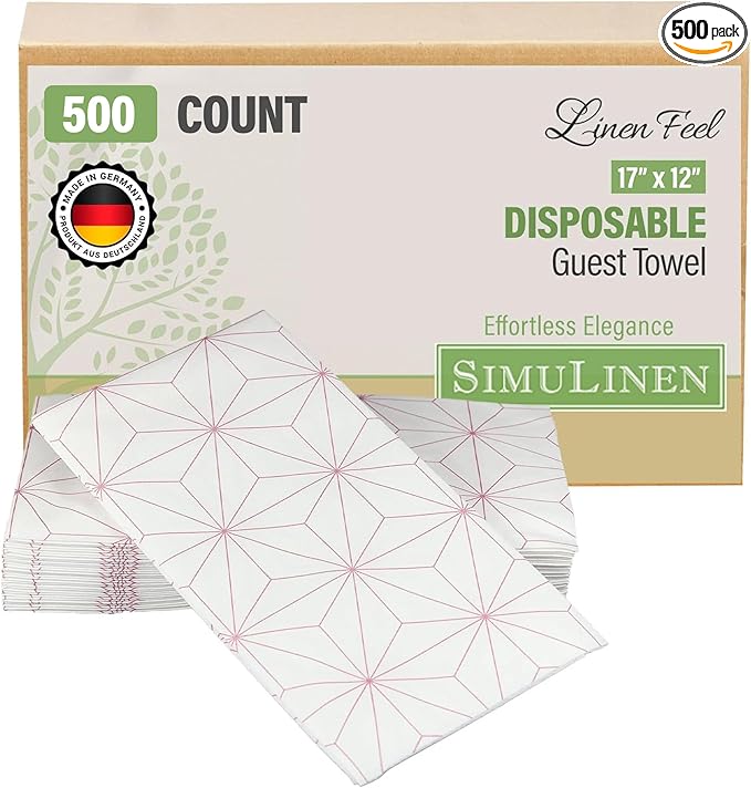 SimuLinen Rose Gold Geometric Disposable Paper Towels for Bathroom - Cloth-Like, Soft, Single-Use, Linen Feel, 12x17", 500ct (Made in Germany)
