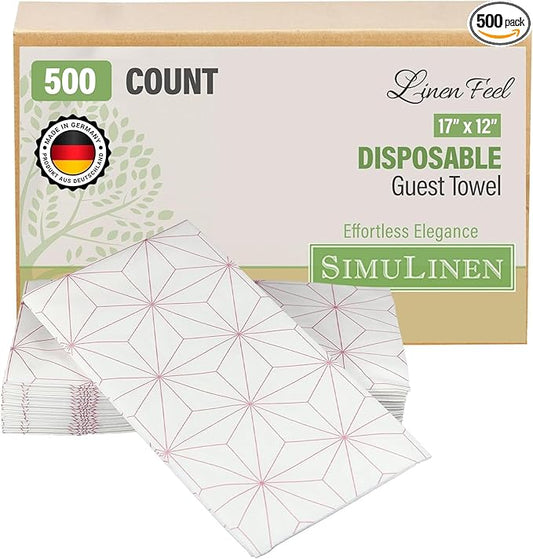 SimuLinen Rose Gold Geometric Disposable Paper Towels for Bathroom - Cloth-Like, Soft, Single-Use, Linen Feel, 12x17", 500ct (Made in Germany)