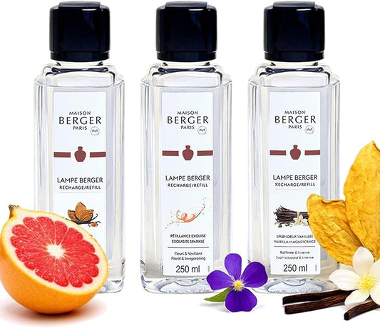 Maison Berger Lampe Fragrance Trio Rosalie - 3×250ml Premium Scented Refills (Amber Tobacco, Exquisite Sparkle, Vanilla Magnificence) for Home Diffuser Use - Crafted in France - Elegant Gift Set
