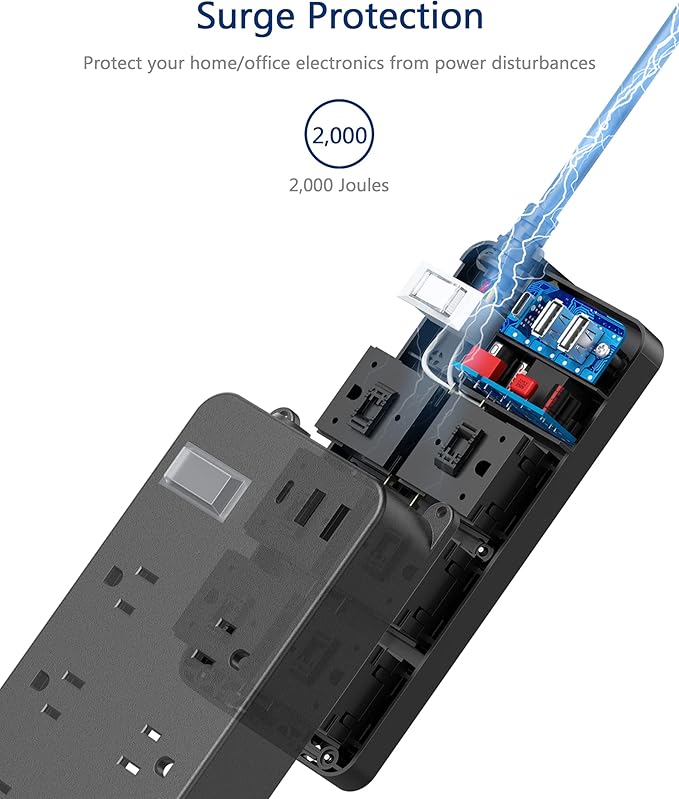 Outdoor Surge Protector Weatherproof,Mountable Power Strip with USB C,IPX6 Waterproof Extension Cord Multiple Outlet for Patio Accessories,6 Outlets and 3 USB Ports,25ft Cable,Flat Plug(2000 Joules)