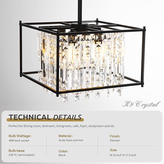 Black Chandeliers for Dining Room, Black Square Industrial Chandelier Crystal Pendant Light for Kitchen Island Dining Room Living Room Flat and Inclined Ceiling,L16 x W16 x H17.5