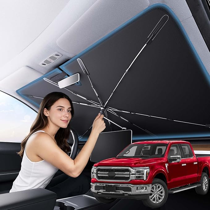 Zanch 2025 Upgraded Car Windshield Sun Shade [Cool Down by 75℉ ] with Heat Insulation Coating, Foldable Sunshade Umbrella with Flexible Handle & Ribs, Large (34''x61'') for Large SUV, Truck, Van