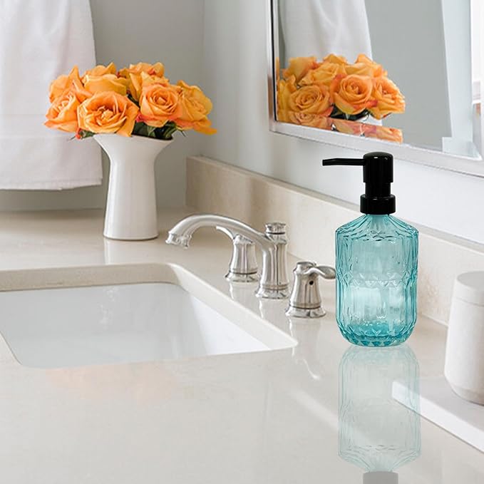 Blue Glass Soap Dispenser with Black Pump, 15oz Liquid Hand Dispenser, Refillable Lotion Dish Soap Dispenser for Modern Home Decor, Bathroom, Kitchen Countertop, Hotel