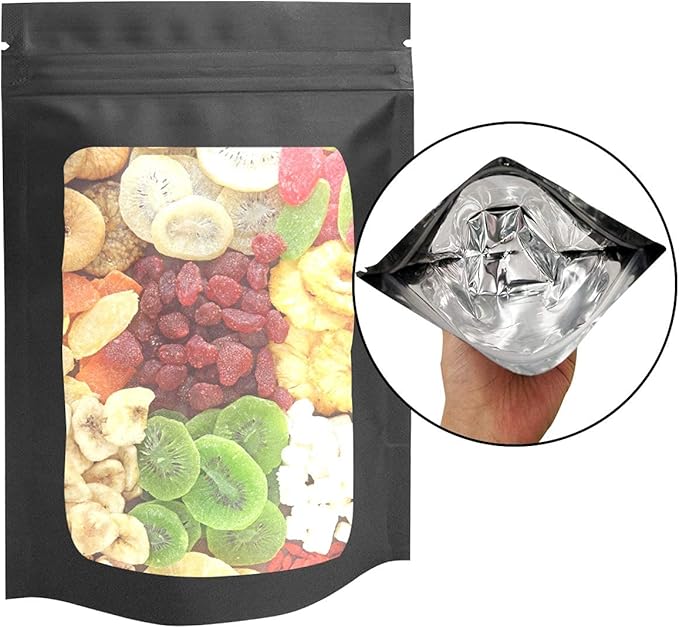 STUs 100 Pack Stand-Up Smell Proof Bags 6.3 x 9.4 Inch Resealable Mylar Bags with Clear Window Foil Pouch Flat Bag Matte Black